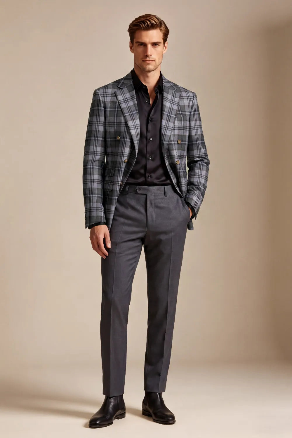 Men's Charcoal Grey Plaid Double Breasted 2 Piece Suit