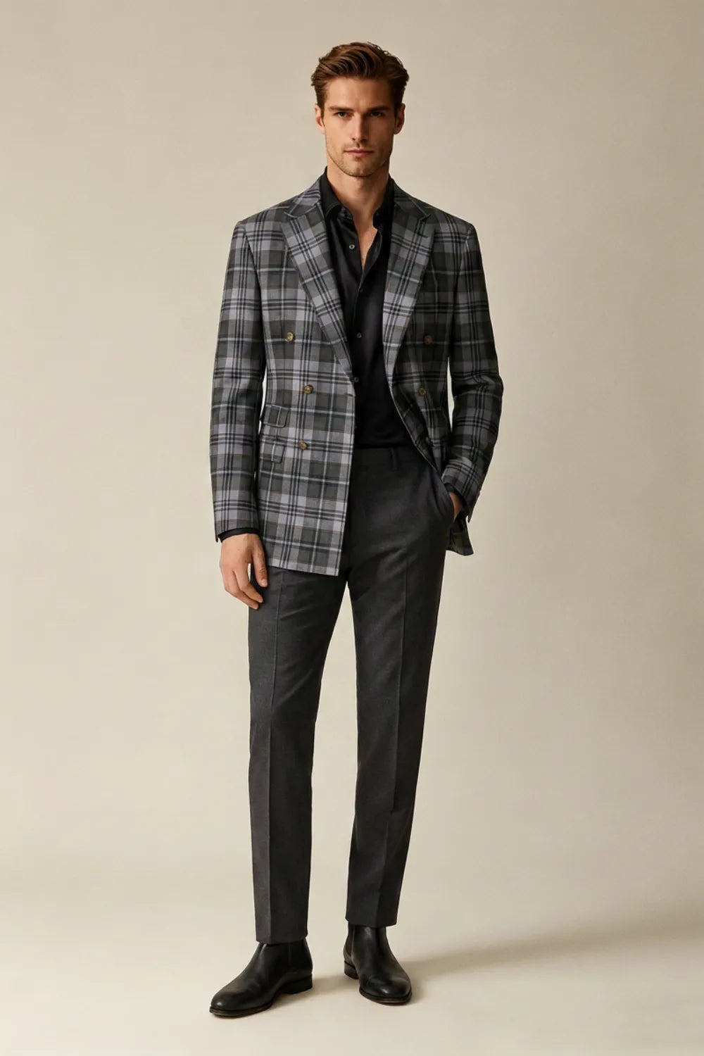 Men's Charcoal Grey Plaid Double Breasted 2 Piece Suit