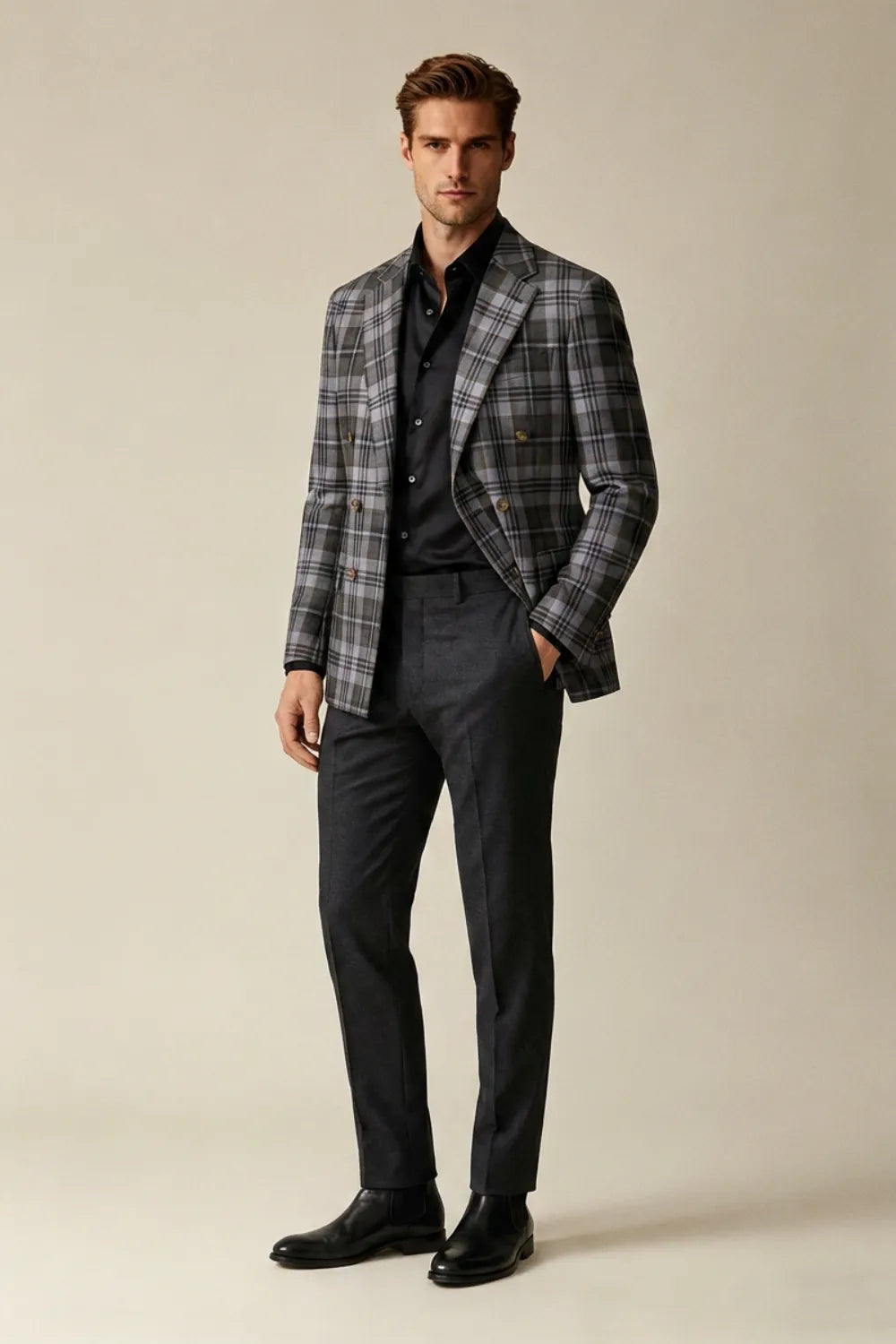 Men's Charcoal Grey Plaid Double Breasted 2 Piece Suit