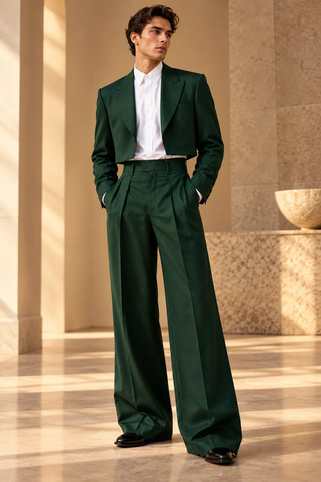 Men's Cropped Blazer Wide Leg 2 Piece Suit