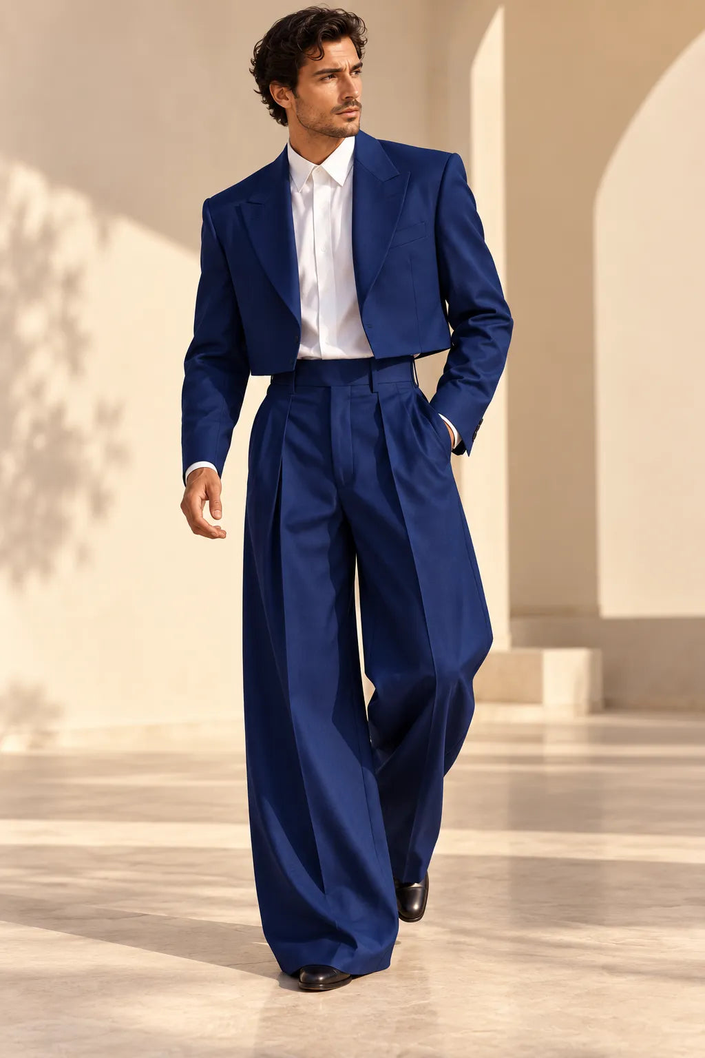 Men's Cropped Blazer Wide Leg 2 Piece Suit