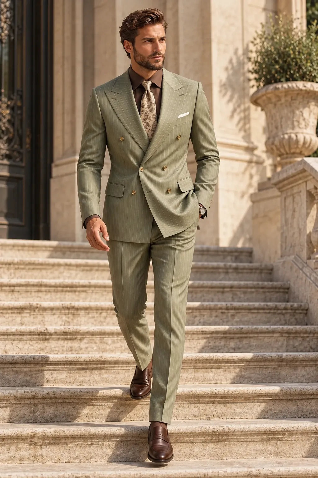 Men's Olive Green Pinstripe Double Breasted 2 Piece Suit
