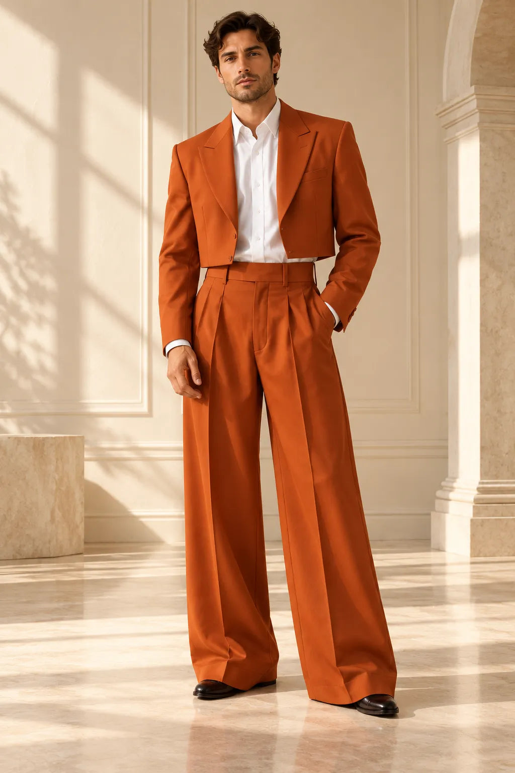 Men's Cropped Blazer Wide Leg 2 Piece Suit