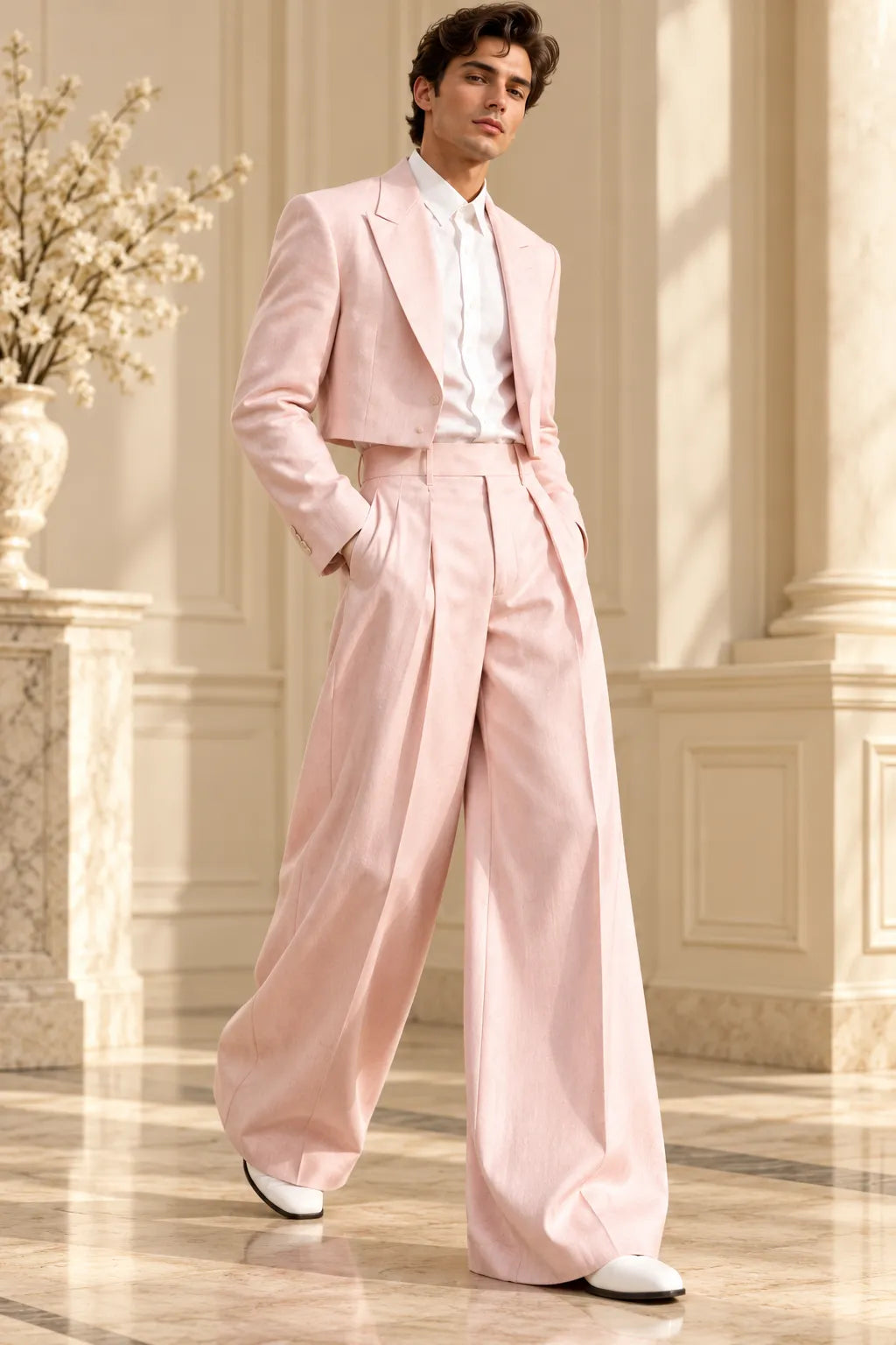 Men's Cropped Blazer Wide Leg 2 Piece Suit