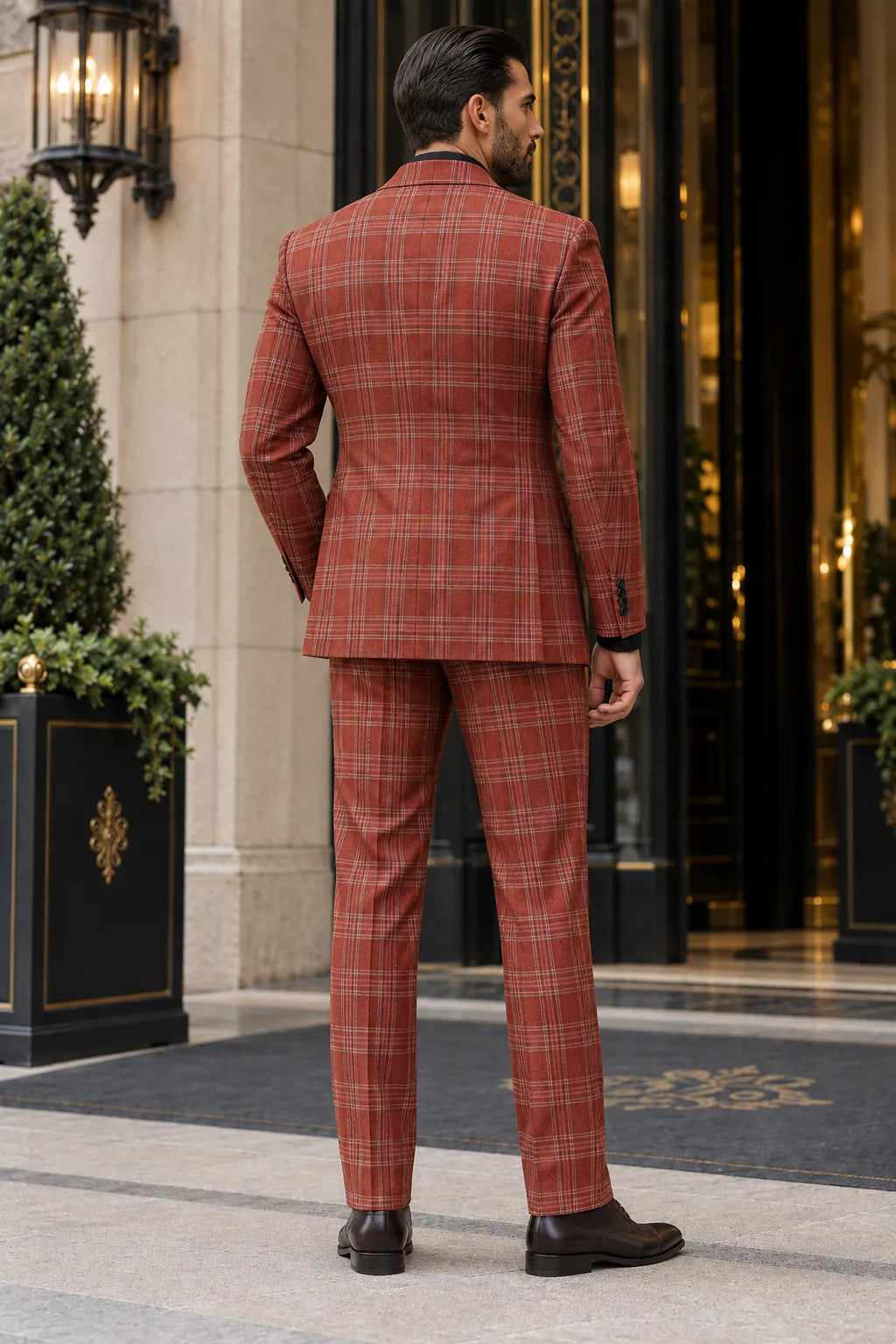 Men's Rust Brown Plaid Double Breasted 2 Piece Suit