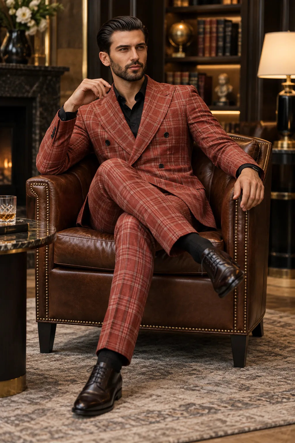 Men's Rust Brown Plaid Double Breasted 2 Piece Suit