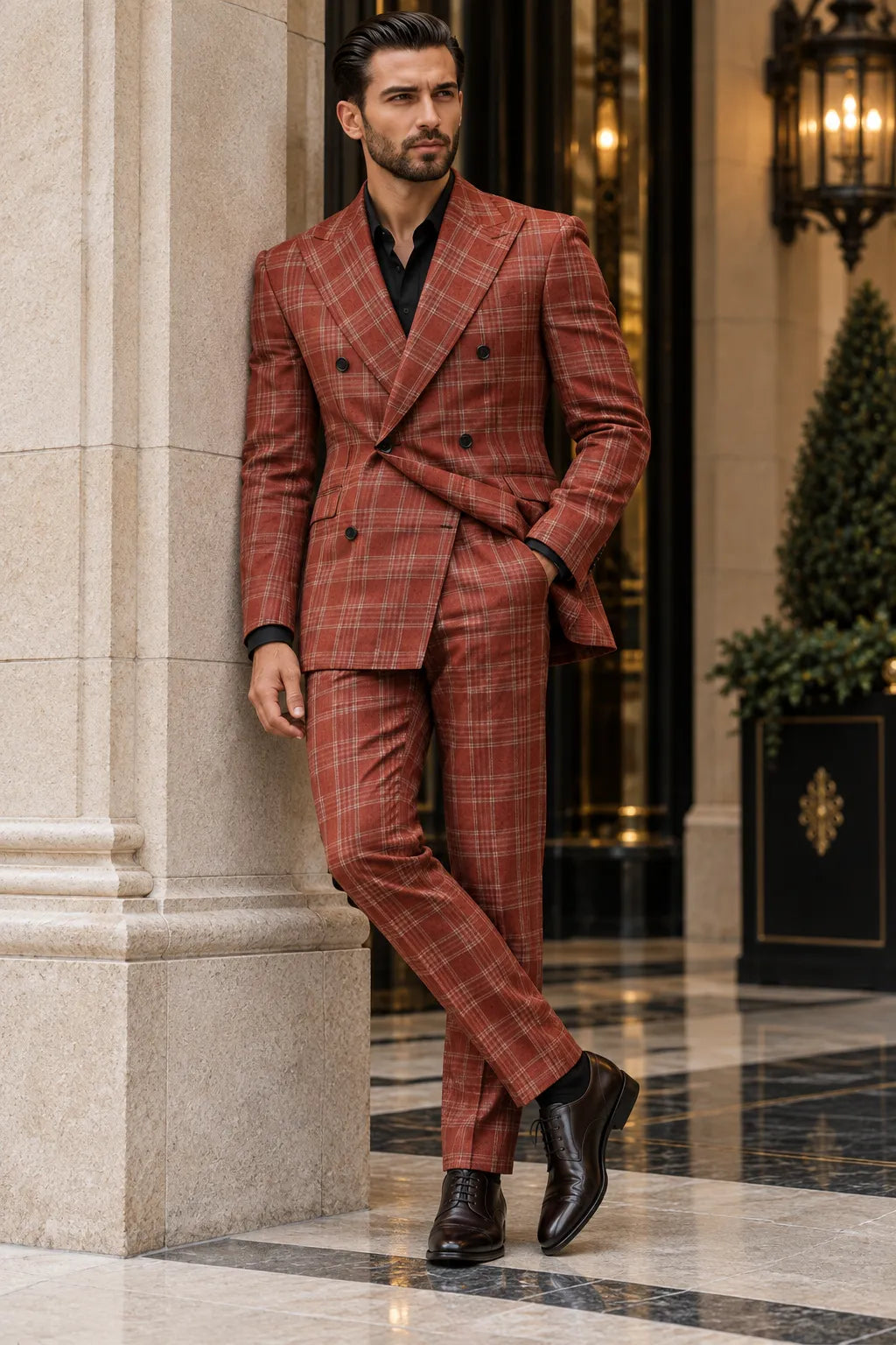 Men's Rust Brown Plaid Double Breasted 2 Piece Suit