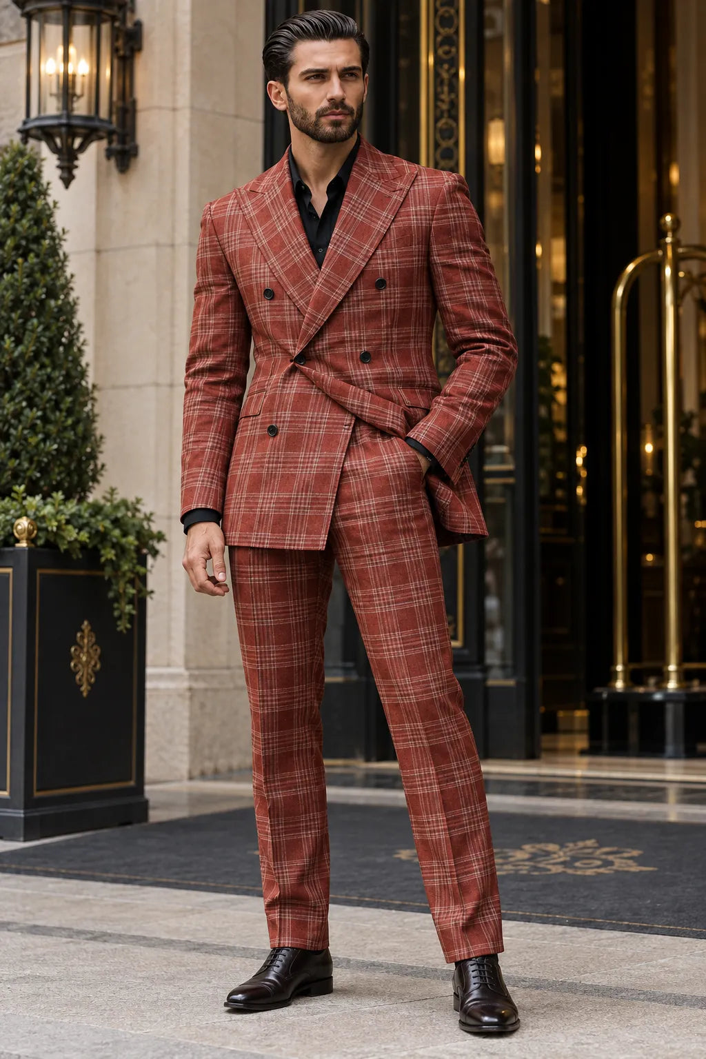 Men's Rust Brown Plaid Double Breasted 2 Piece Suit