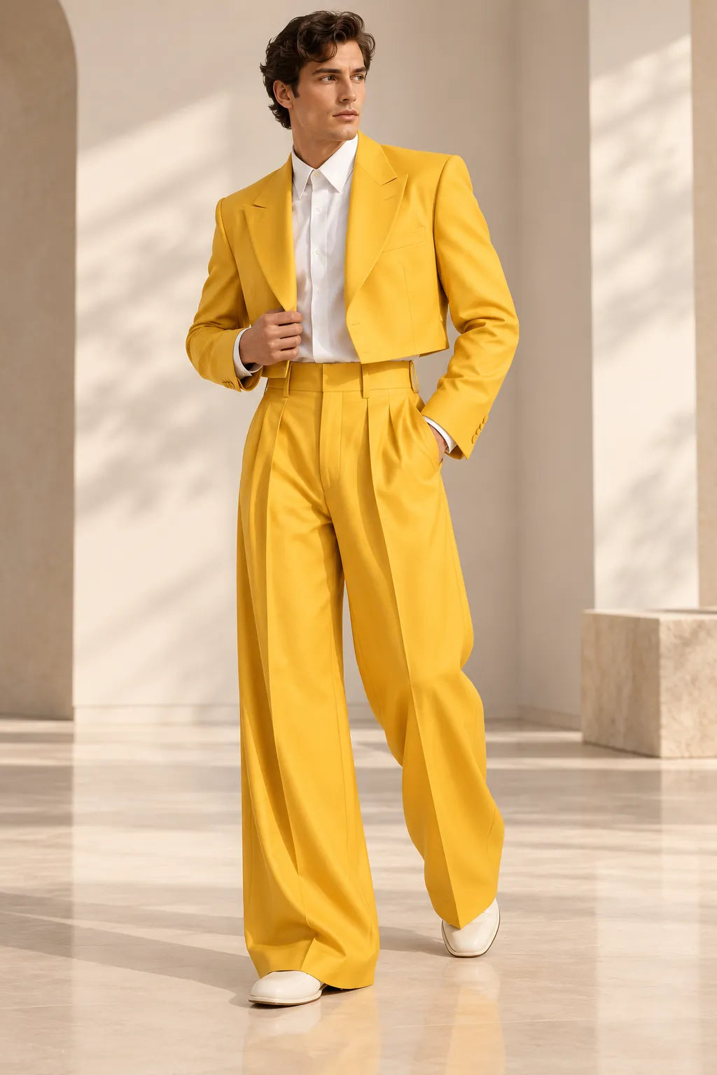 Men's Cropped Blazer Wide Leg 2 Piece Suit