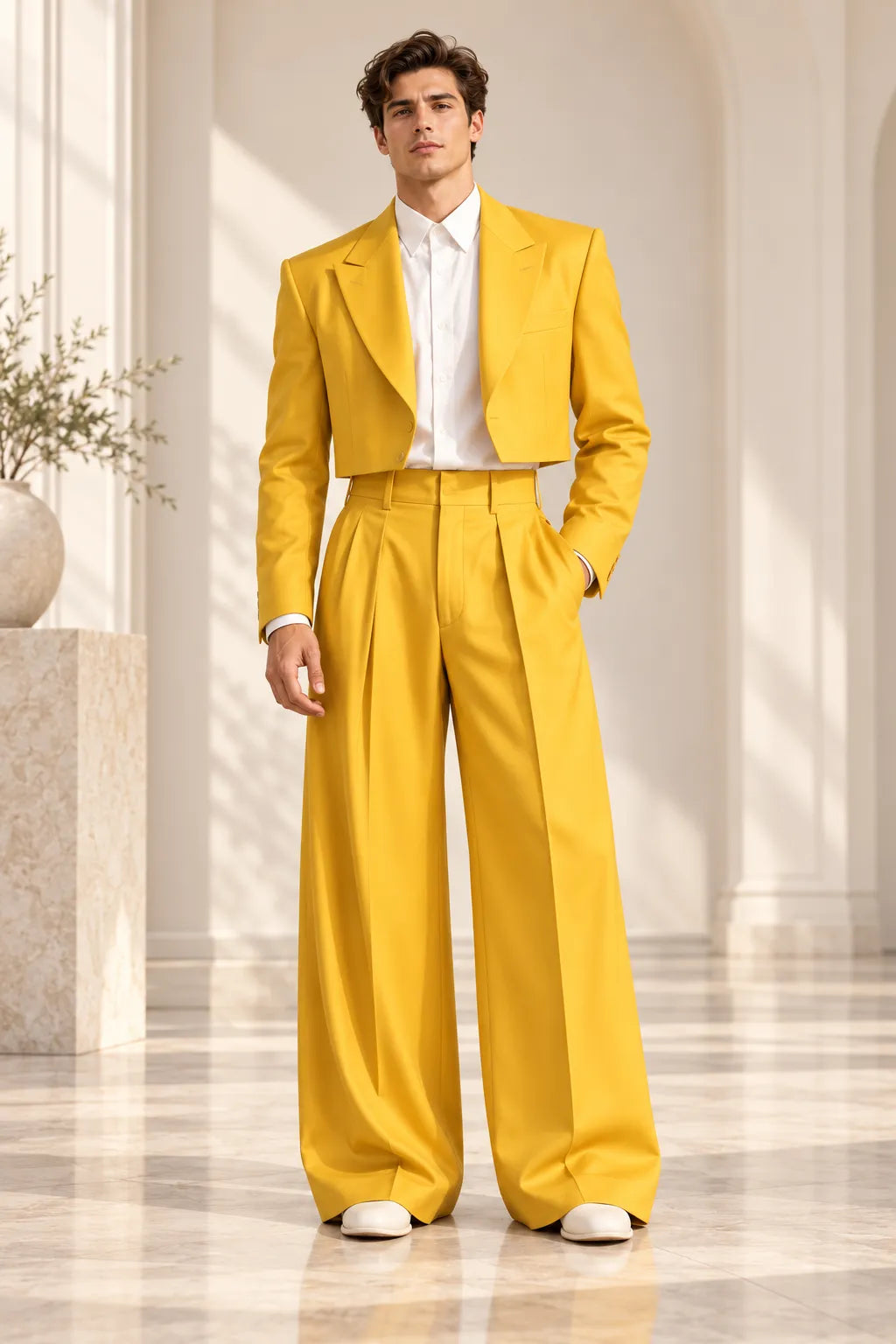 Men's Cropped Blazer Wide Leg 2 Piece Suit
