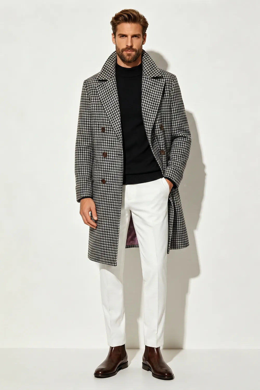 Men's Classic Houndstooth Longline Overcoat
