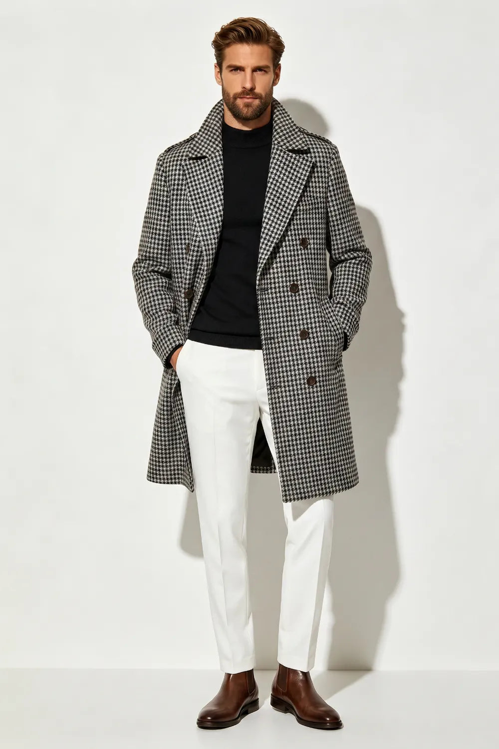 Men's Classic Houndstooth Longline Overcoat