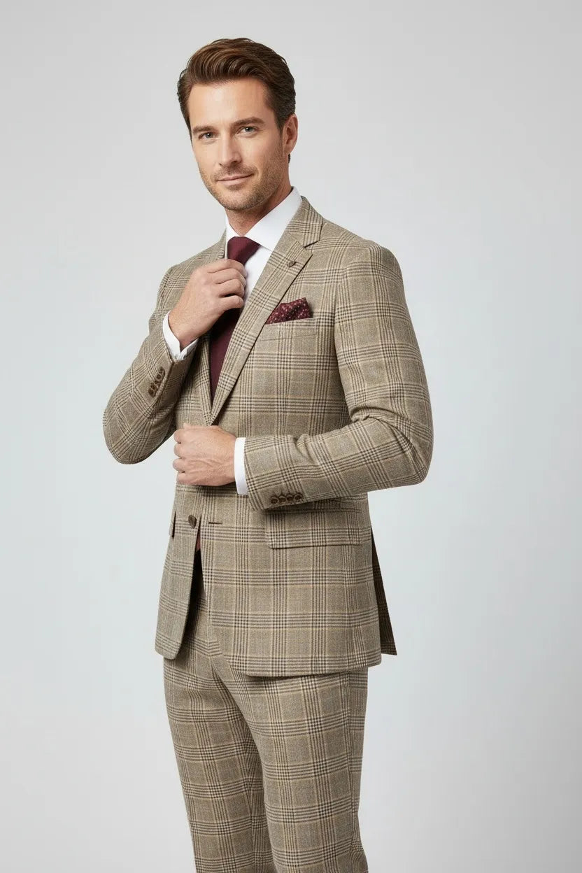 Men's Brown Slim Fit Plaid 2 Piece Suit