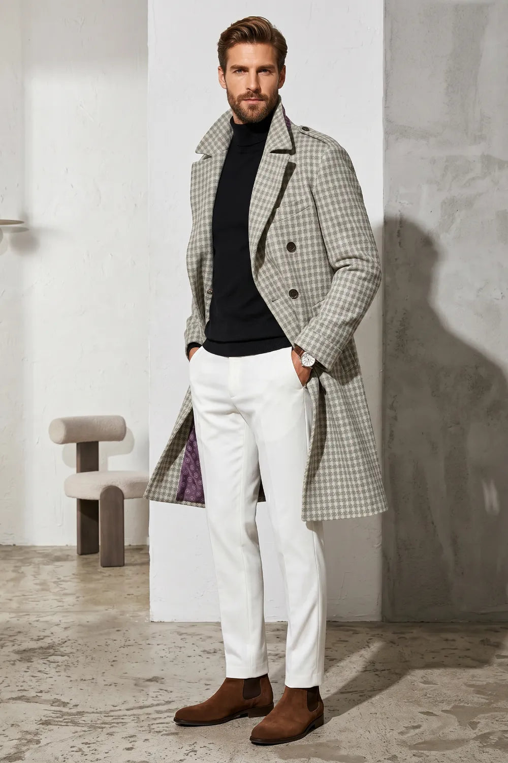 Men's Classic Houndstooth Longline Overcoat