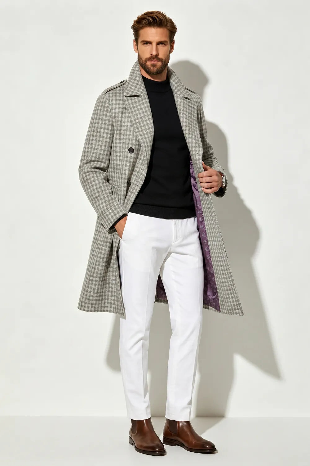 Men's Classic Houndstooth Longline Overcoat