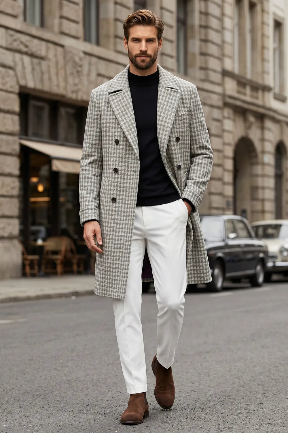 Men's Classic Houndstooth Longline Overcoat