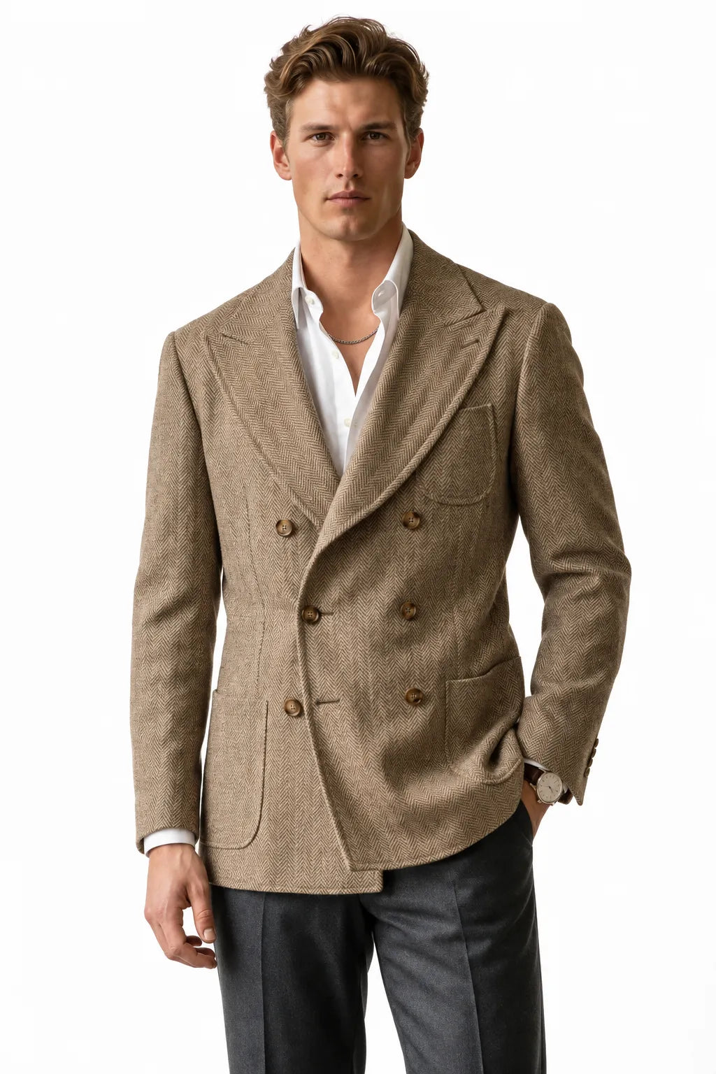 Men's Tailored Peak Lapel Herringbone 2 Piece Suit