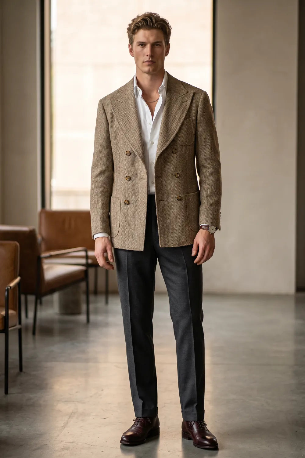 Men's Tailored Peak Lapel Herringbone 2 Piece Suit