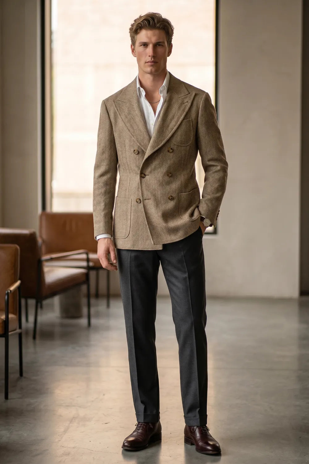 Men's Tailored Peak Lapel Herringbone 2 Piece Suit