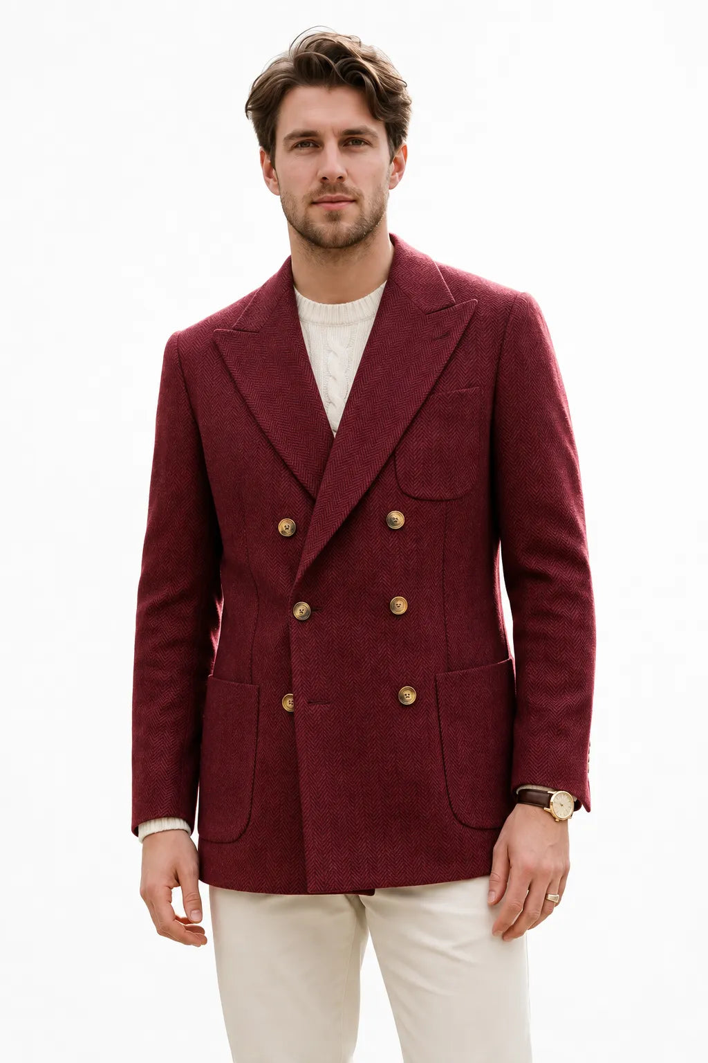Men's Tailored Peak Lapel Herringbone 2 Piece Suit