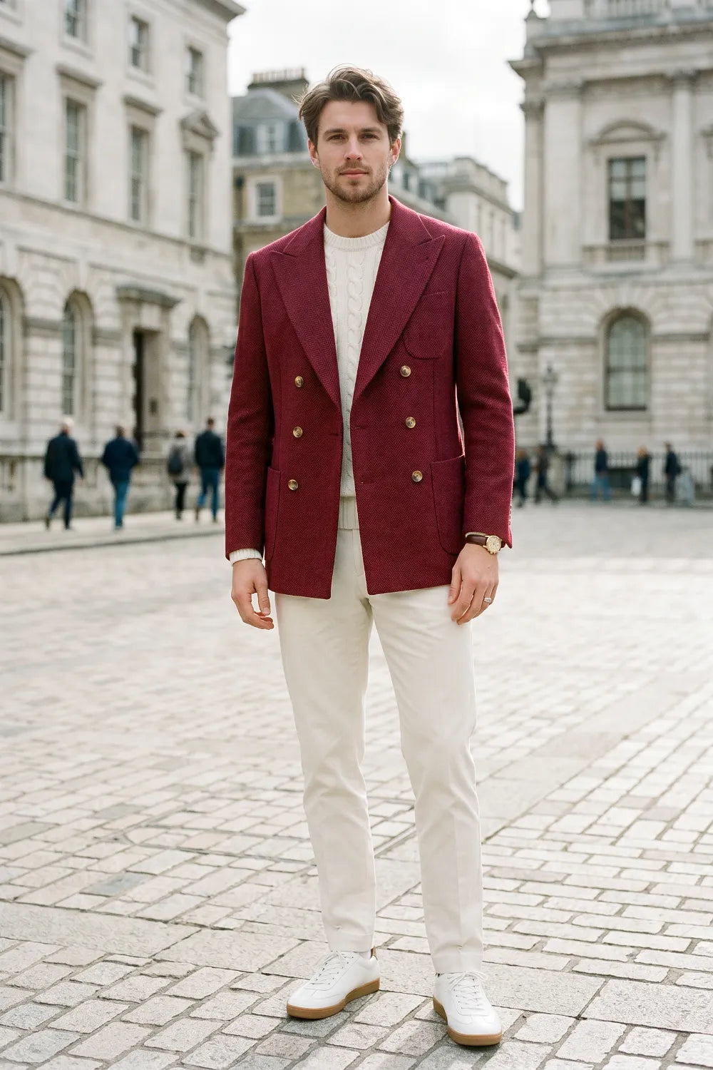 Men's Tailored Peak Lapel Herringbone 2 Piece Suit