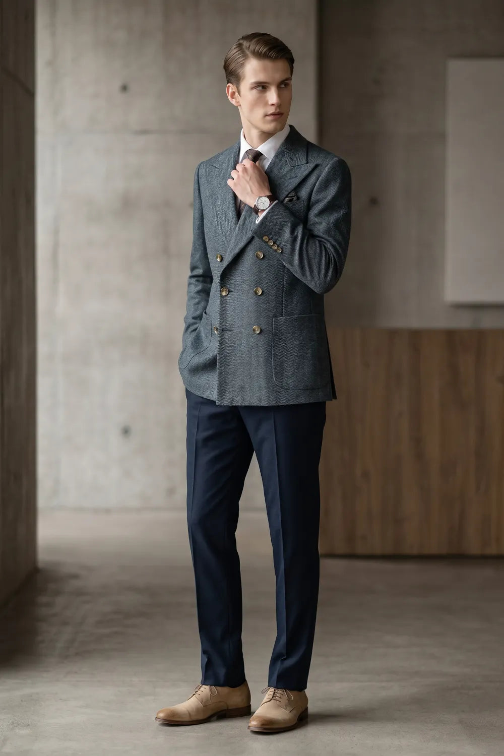 Men's Tailored Peak Lapel Herringbone 2 Piece Suit
