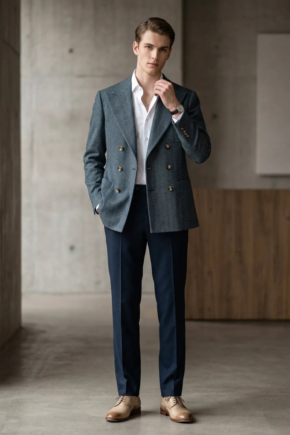 Men's Tailored Peak Lapel Herringbone 2 Piece Suit