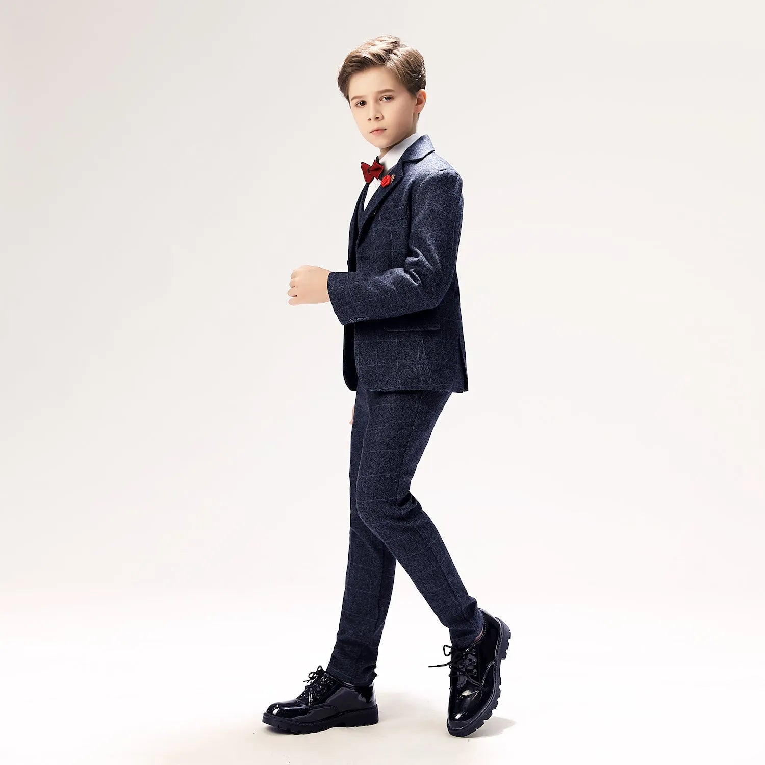 Boys' navy plaid prom suit with red bow tie, elegant five-piece outfit in wool fabric, perfect for formal occasions