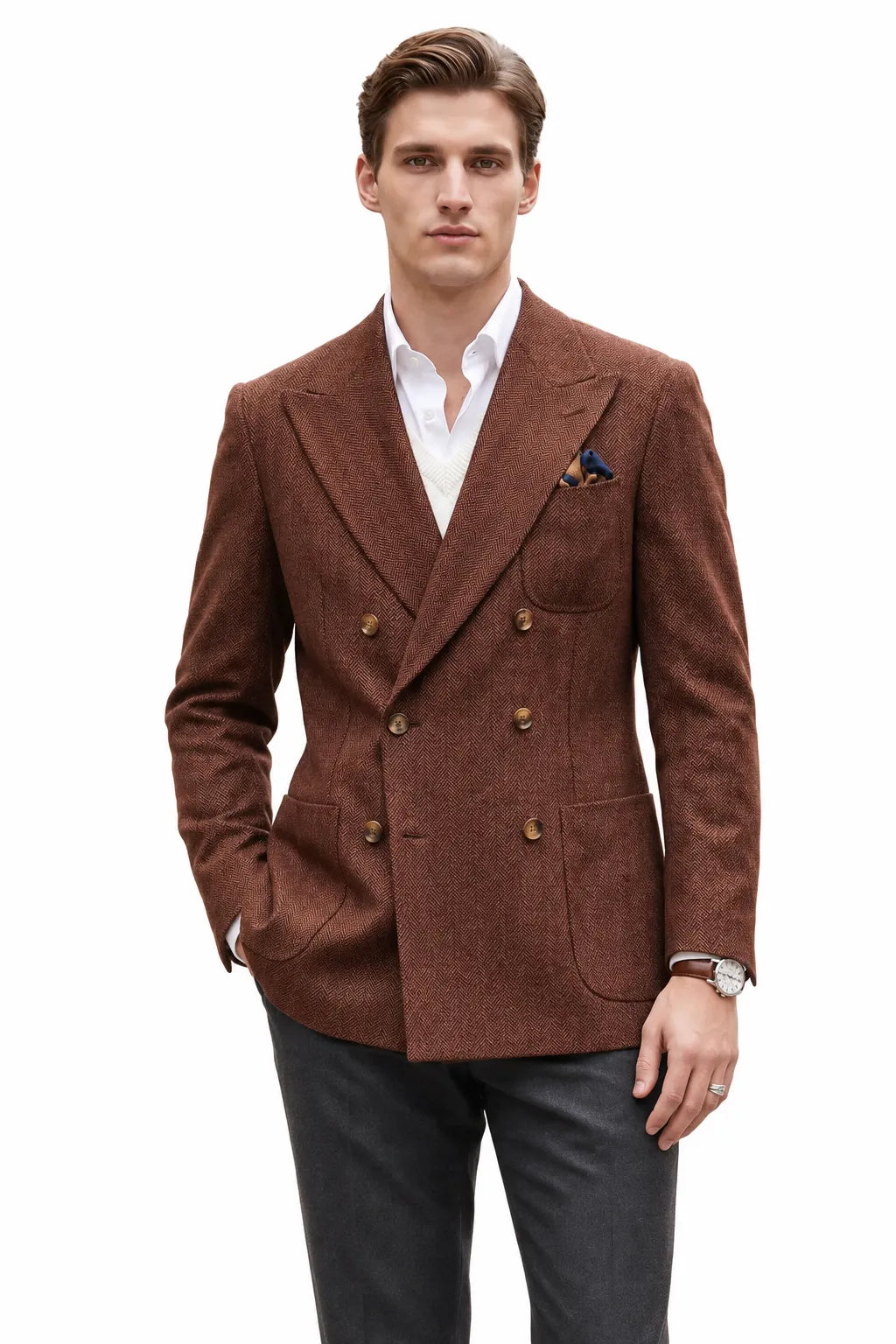 Men's Tailored Peak Lapel Herringbone 2 Piece Suit