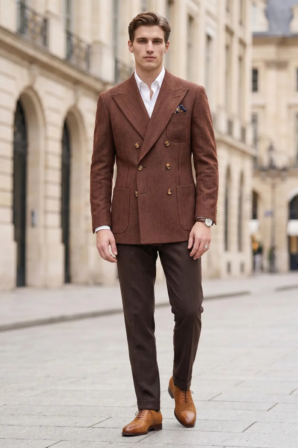 Men's Tailored Peak Lapel Herringbone 2 Piece Suit