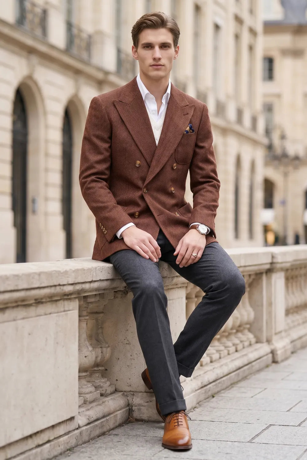 Men's Tailored Peak Lapel Herringbone 2 Piece Suit