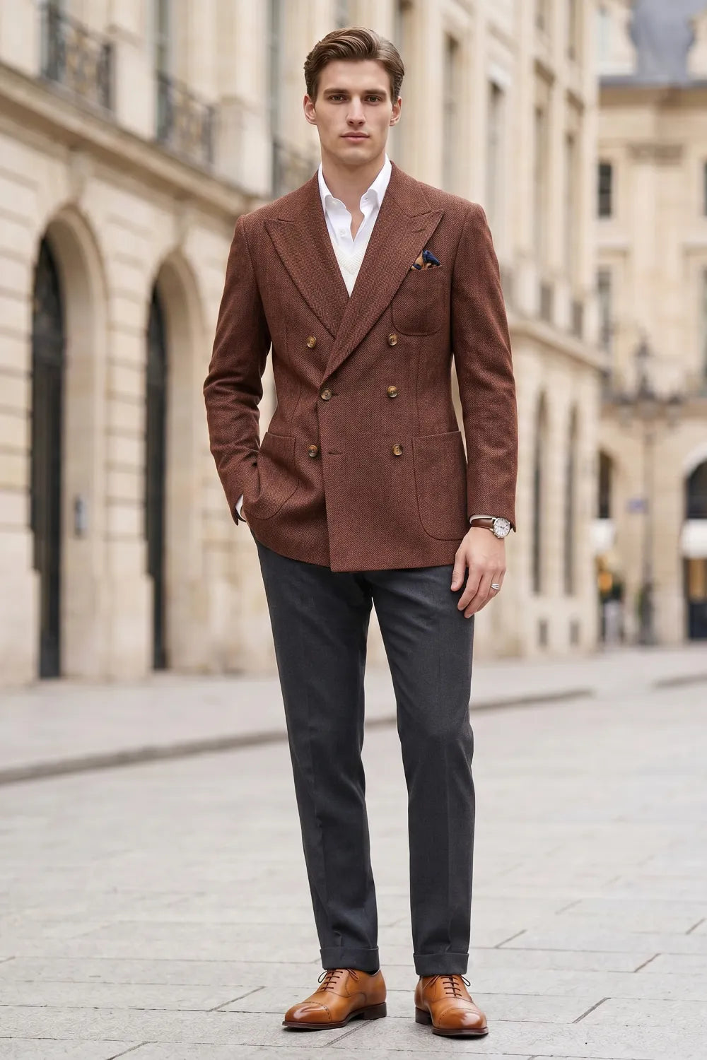Men's Tailored Peak Lapel Herringbone 2 Piece Suit