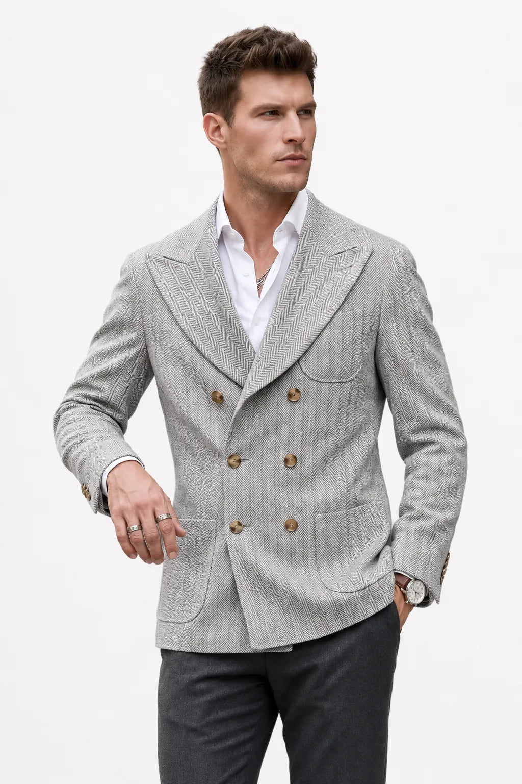 Men's Tailored Peak Lapel Herringbone 2 Piece Suit