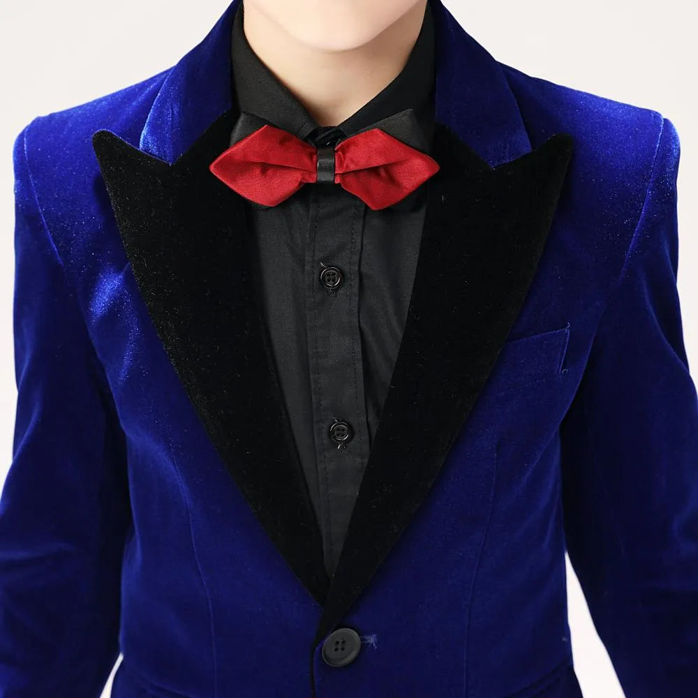 Boys' royal blue velvet trousers with tailored seams and soft texture – elegant partywear for toddlers and kids