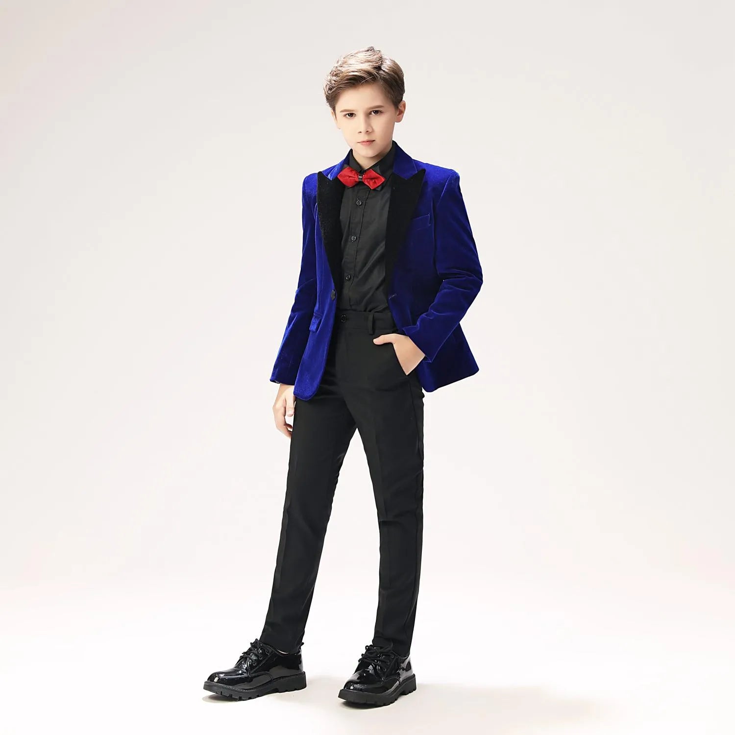 Toddler boys' royal blue velvet tuxedo with black bow tie – elegant outfit for school events or family celebrations 