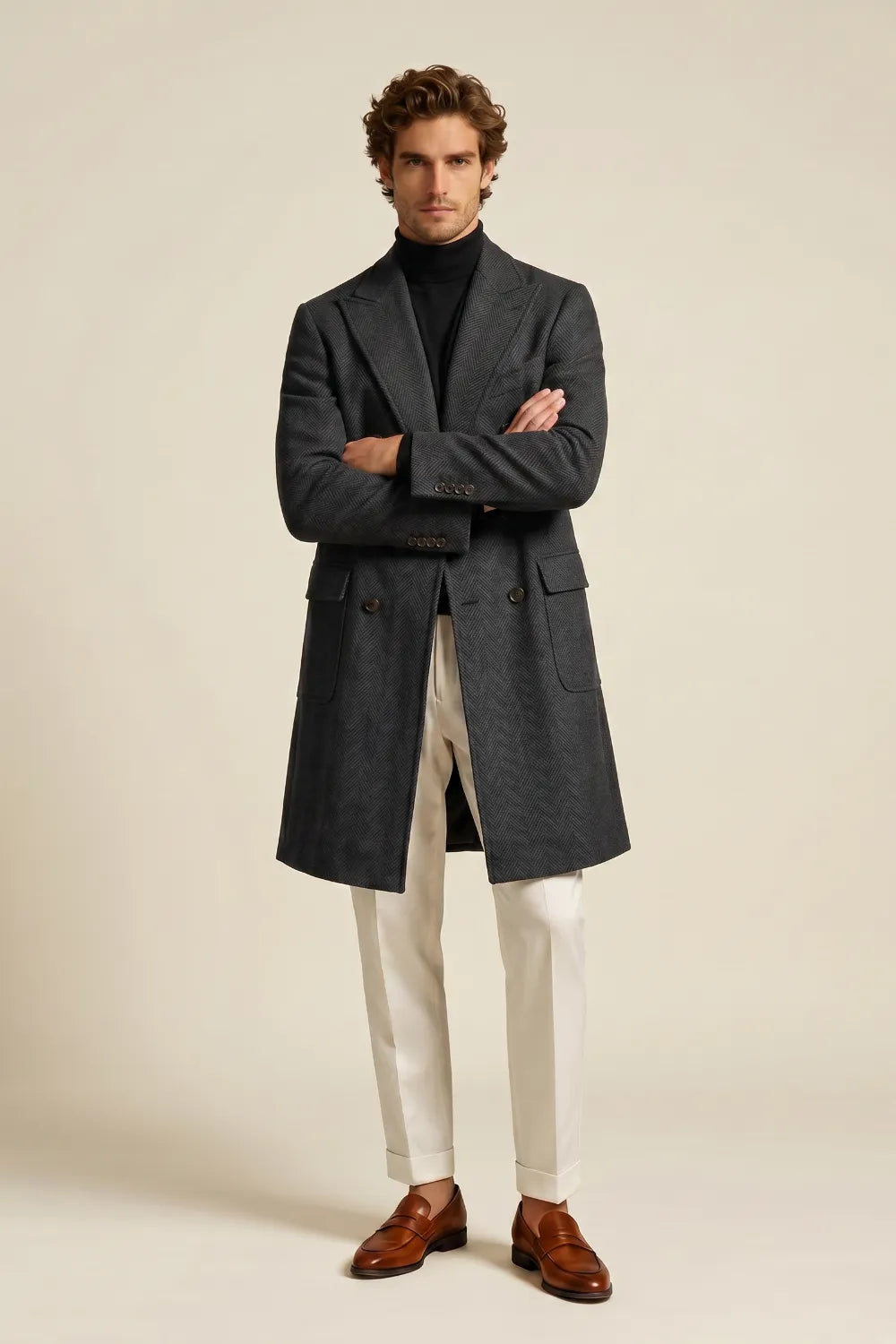 Men's Charcoal Herringbone Wool Blend Double Breasted Overcoat