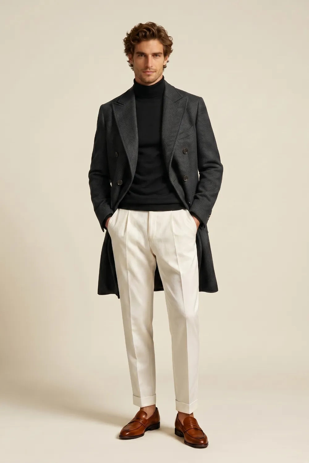 t*a様 【美品】ohotoro herringbone double coat Men's Charcoal Herringbone Wool Blend Double Breasted Overcoat