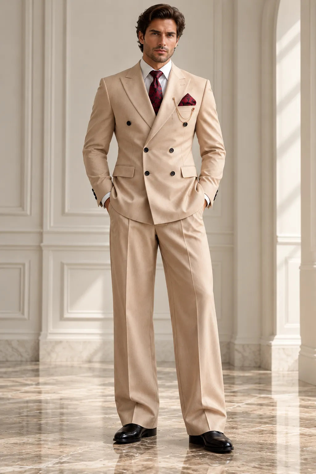 Men's Beige Double Breasted Wide Leg 2 Piece Suit
