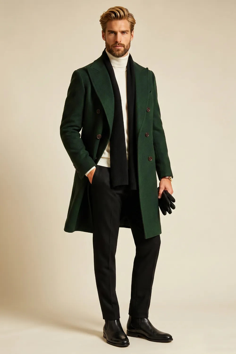 Men's Forest Green Double-Breasted Overcoat