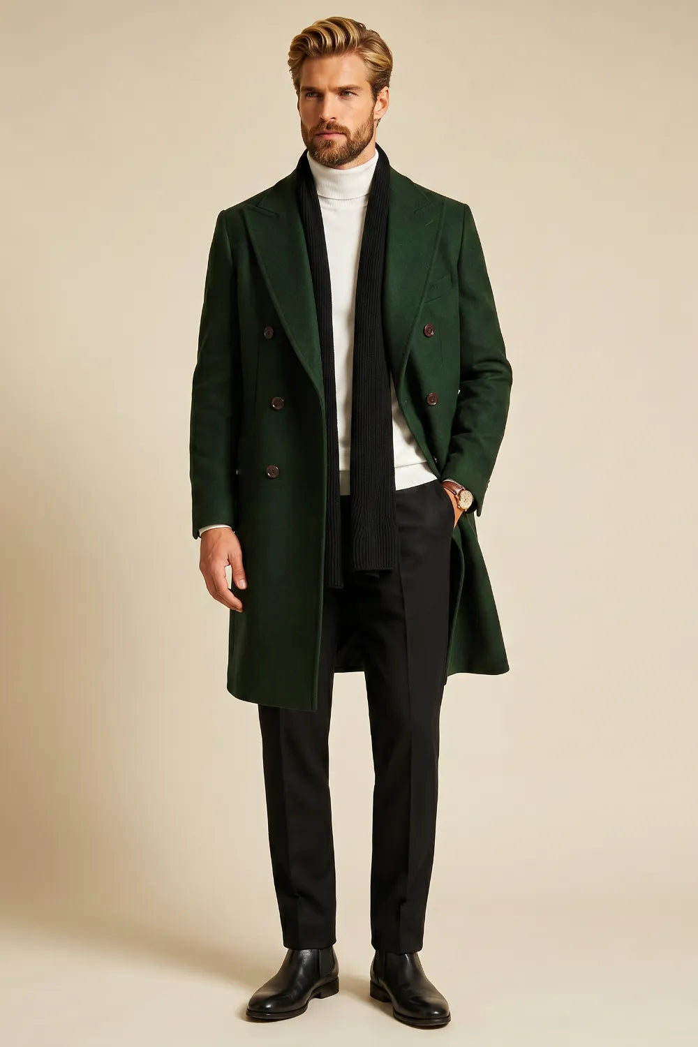 Men's Forest Green Double-Breasted Overcoat