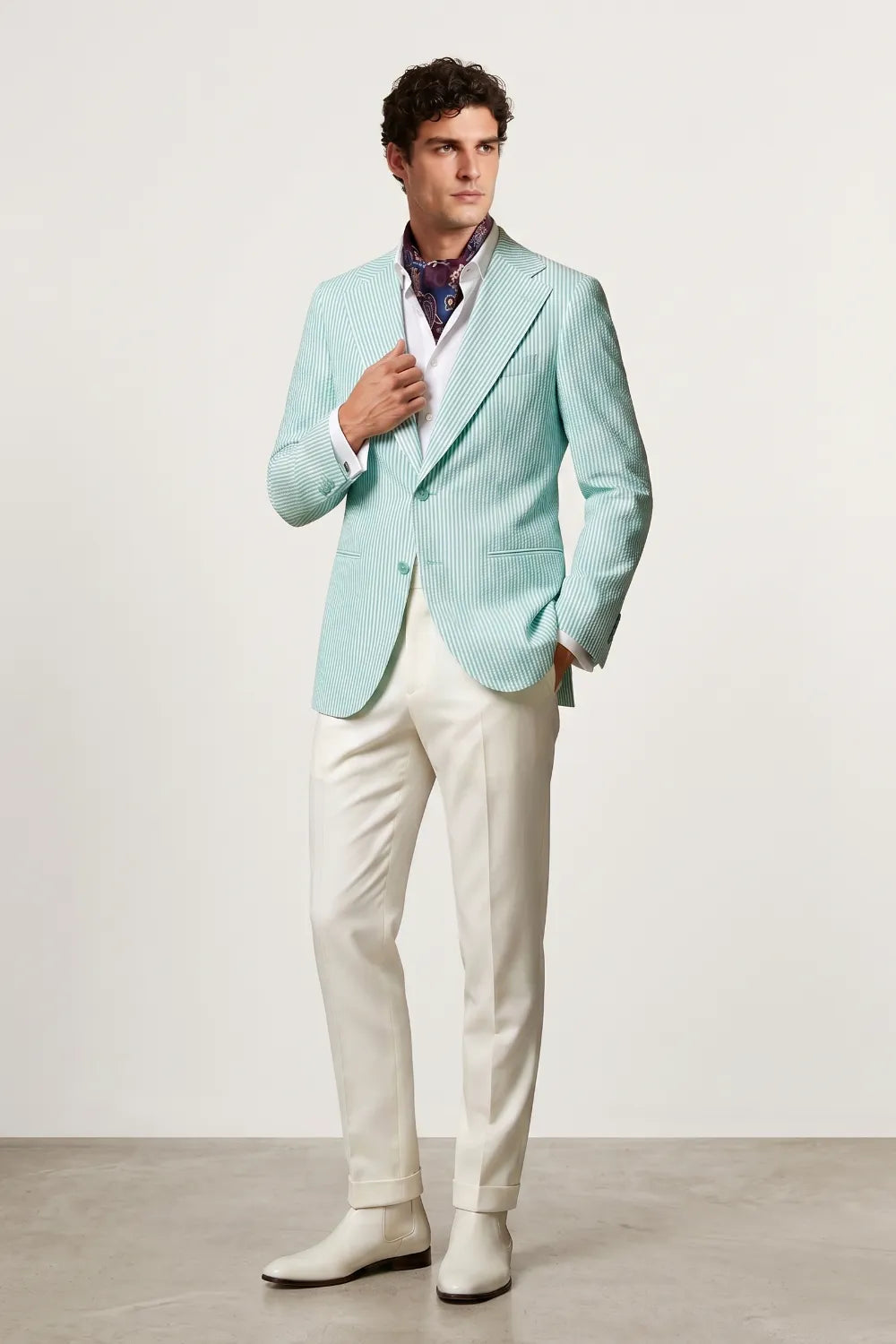 Men's Mint Green Striped Wide Notch Lapel Seersucker Blazer