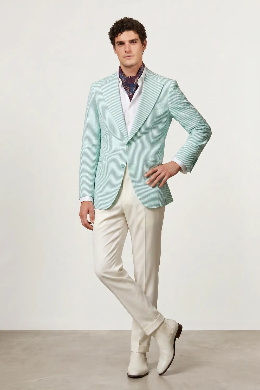 Men's Mint Green Striped Wide Notch Lapel Seersucker Blazer