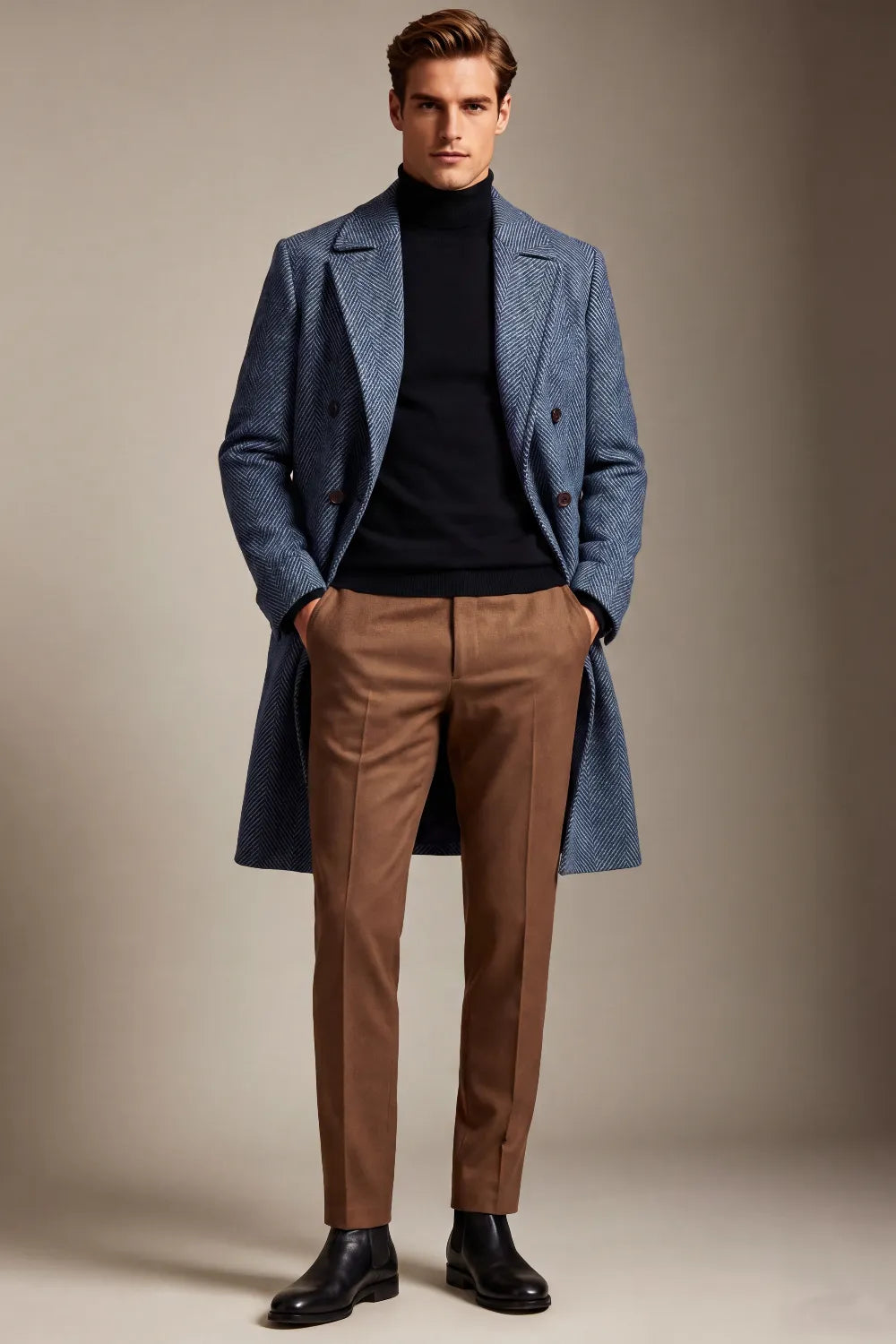 Men's Navy Herringbone Double Breasted Overcoat