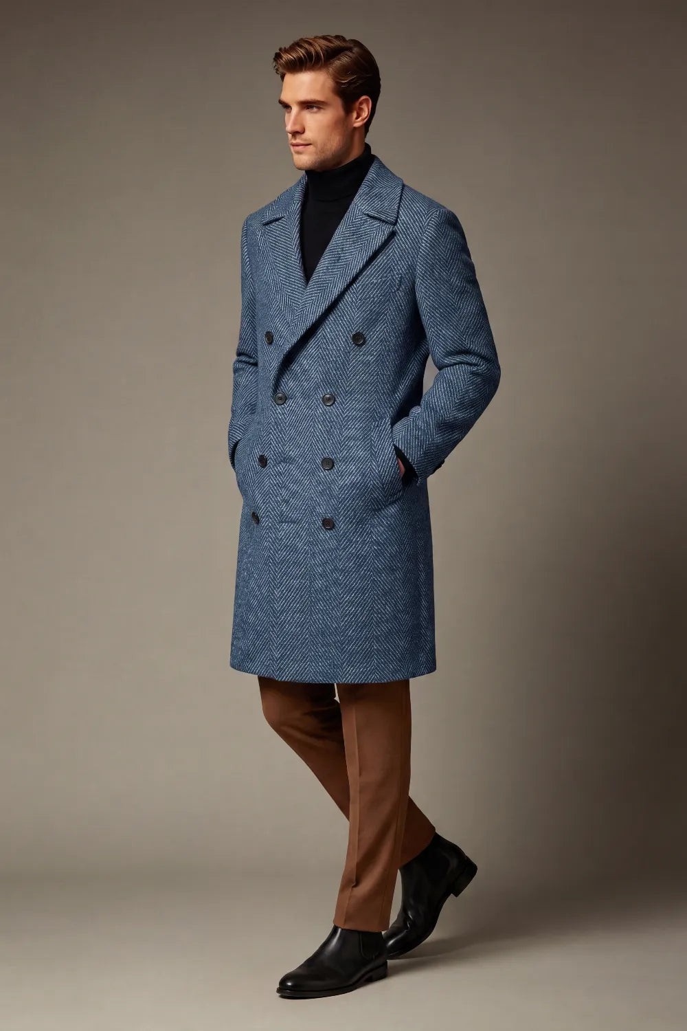 Men's Navy Herringbone Double Breasted Overcoat