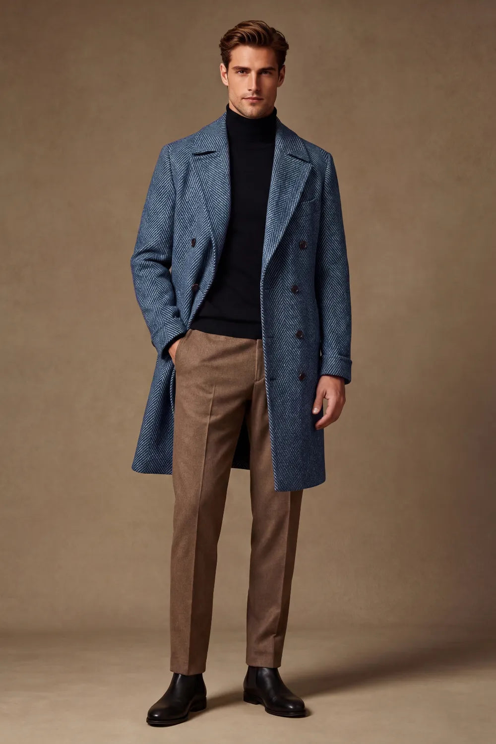 Men's Navy Herringbone Double Breasted Overcoat