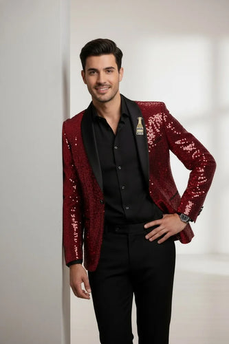 Red Sequin Men's Tuxedo Jacket Slim Fit Party Suit | Wehilion Red Sequin Men's Tuxedo Jacket Slim Fit Party Suit | Wehilion