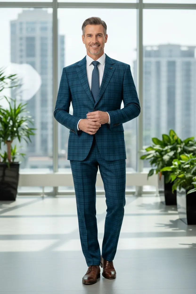 Men’s Blue Plaid 2 Piece Suit