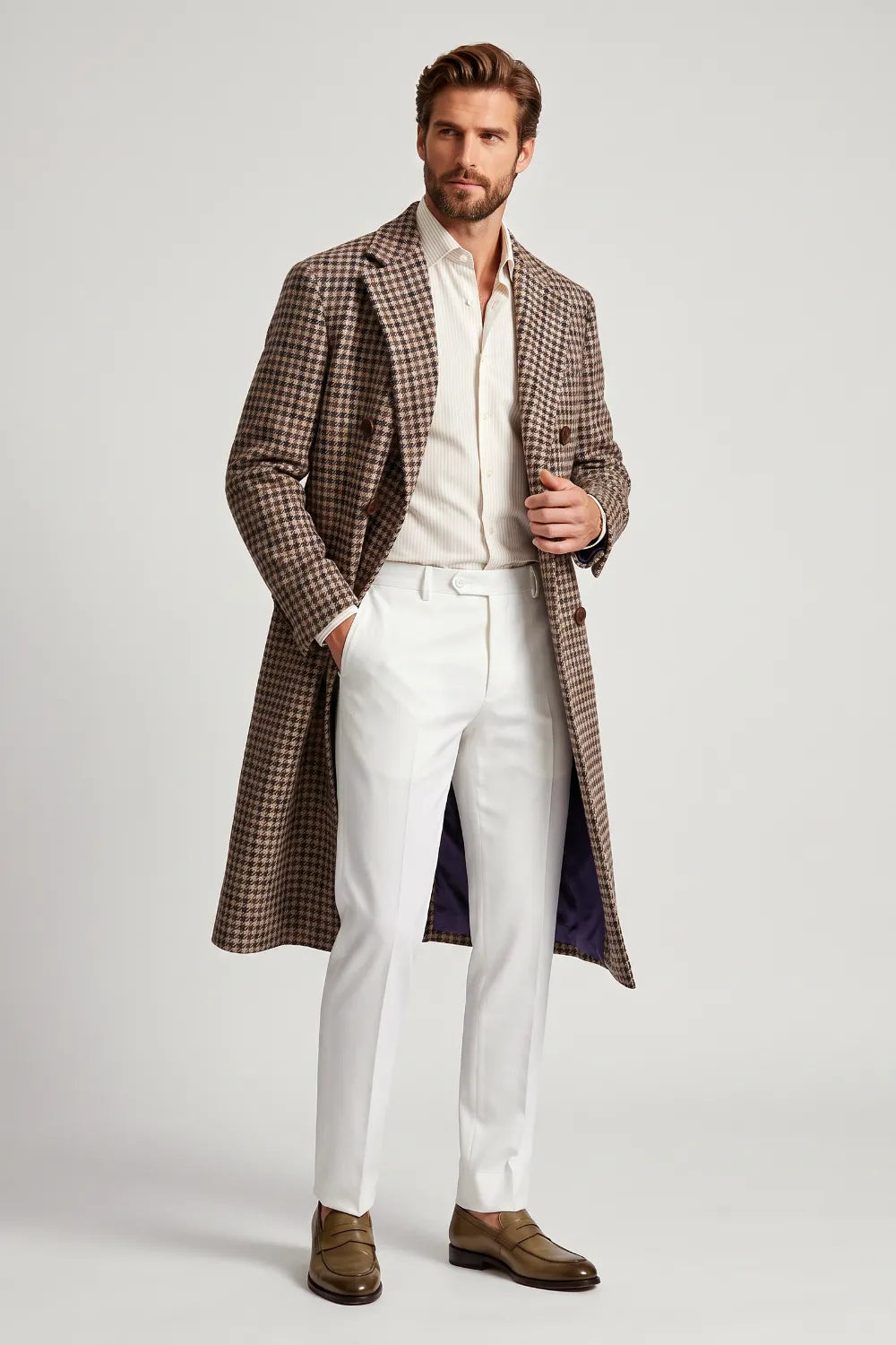Men's Brown Houndstooth Double-Breasted Overcoat