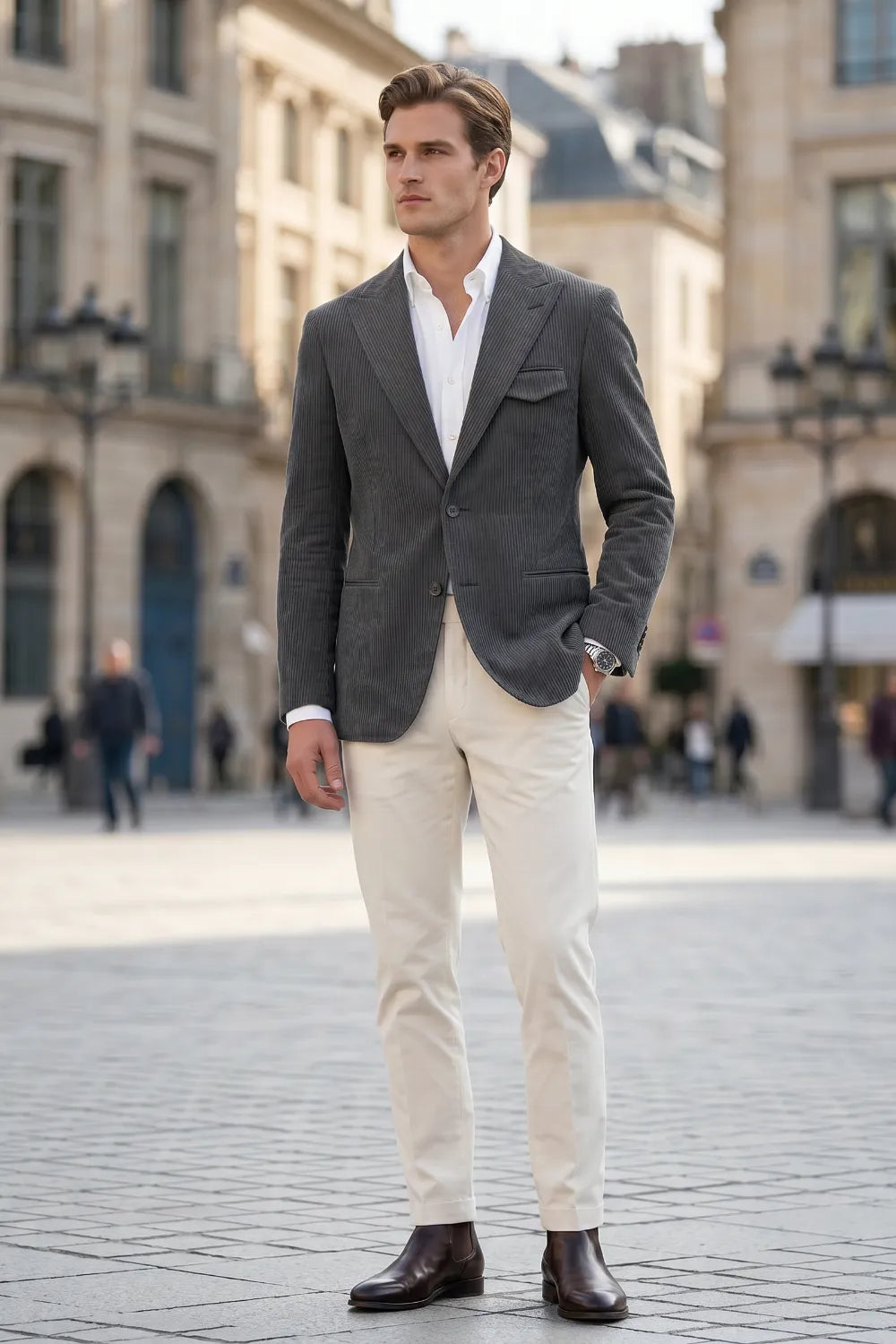 Men's Tailored Corduroy Peak Lapel 2 Piece Suit