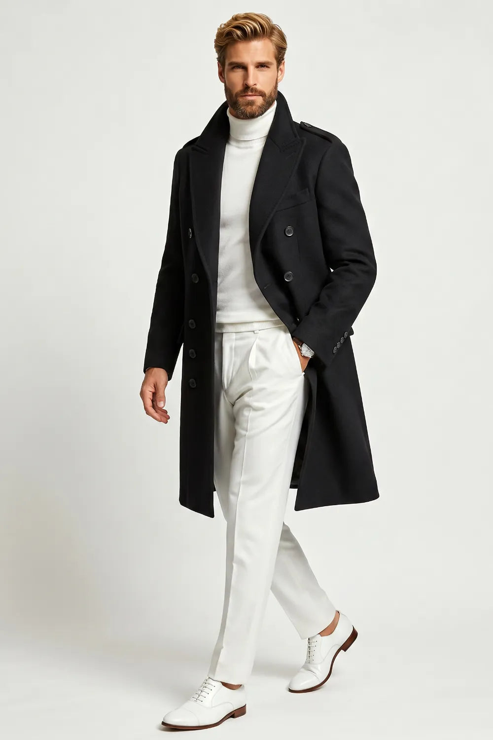 Men's Black Long Formal Overcoat